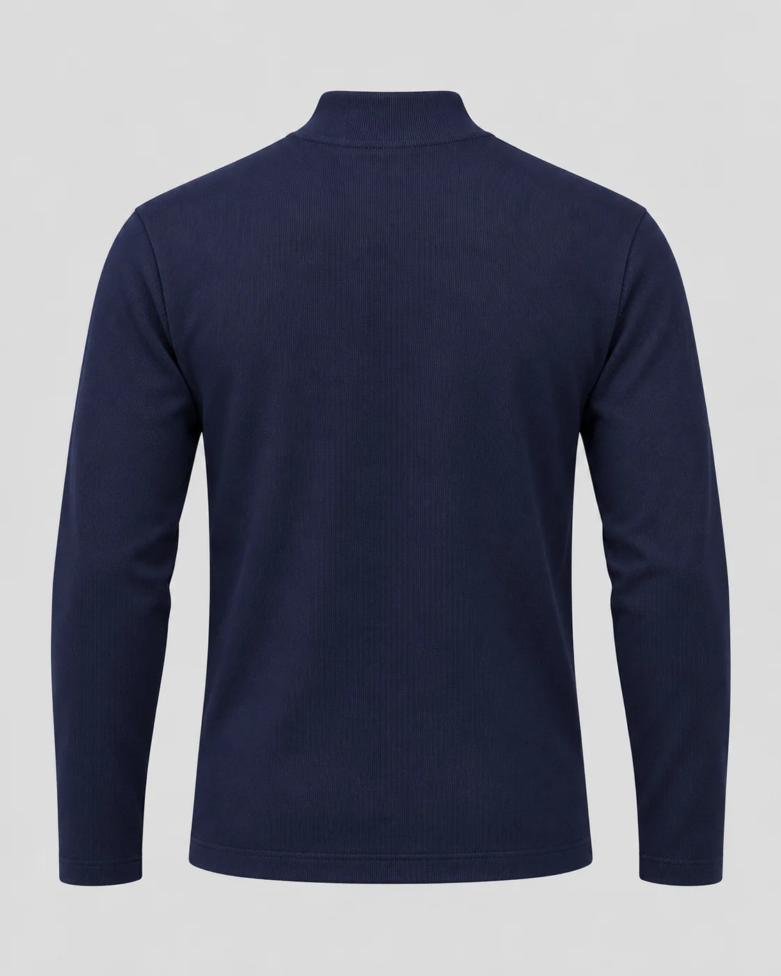 ORAK men's ribbed mock neck long sleeve shirt in Navy - back view