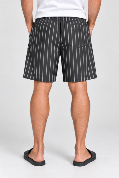 Relaxed Striped Casual Shorts - Black