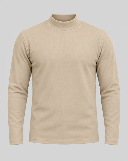 ORAK men's ribbed mock neck long sleeve shirt in Beige - front view