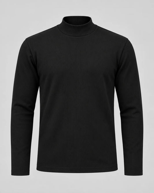 ORAK men's rib-textured mock neck long sleeve shirt in Black - Front view