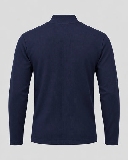 ORAK men's ribbed mock neck long sleeve shirt in Navy - back view