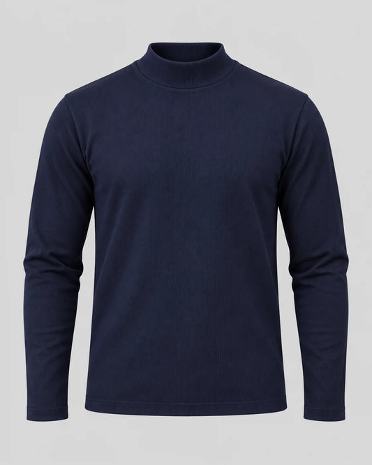 ORAK men's ribbed mock neck long sleeve shirt in Navy - front view