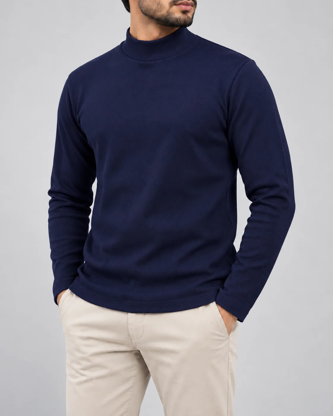 ORAK men's ribbed mock neck long sleeve shirt in Navy - model view