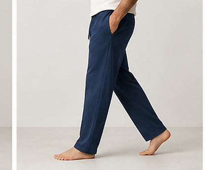 Relaxed Woven Cotton Blend Trousers - Blue
